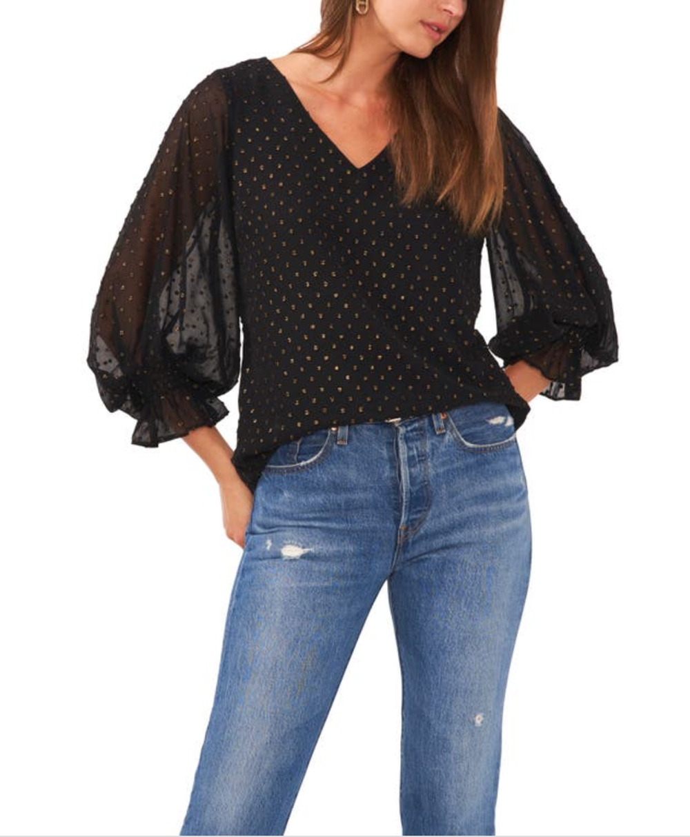 Vince Camuto Women V-neck Blouse with Balloon Sleeves Black Size M